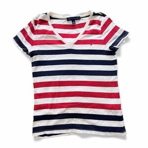 Tommy Hilfiger Red, White and Navy V-Neck Nautical Stripe Flag Logo Tee Size PM